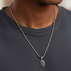 Silver Outlined Black Square Pendant Necklace 24" Stainless Steel