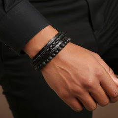 Men’s Quad Layer Patchwork Bracelet 9" Black 23cm