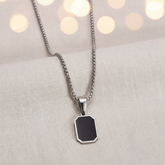 Silver Outlined Black Square Pendant Necklace 24" Stainless Steel