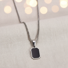 Silver Outlined Black Square Pendant Necklace 24" Stainless Steel