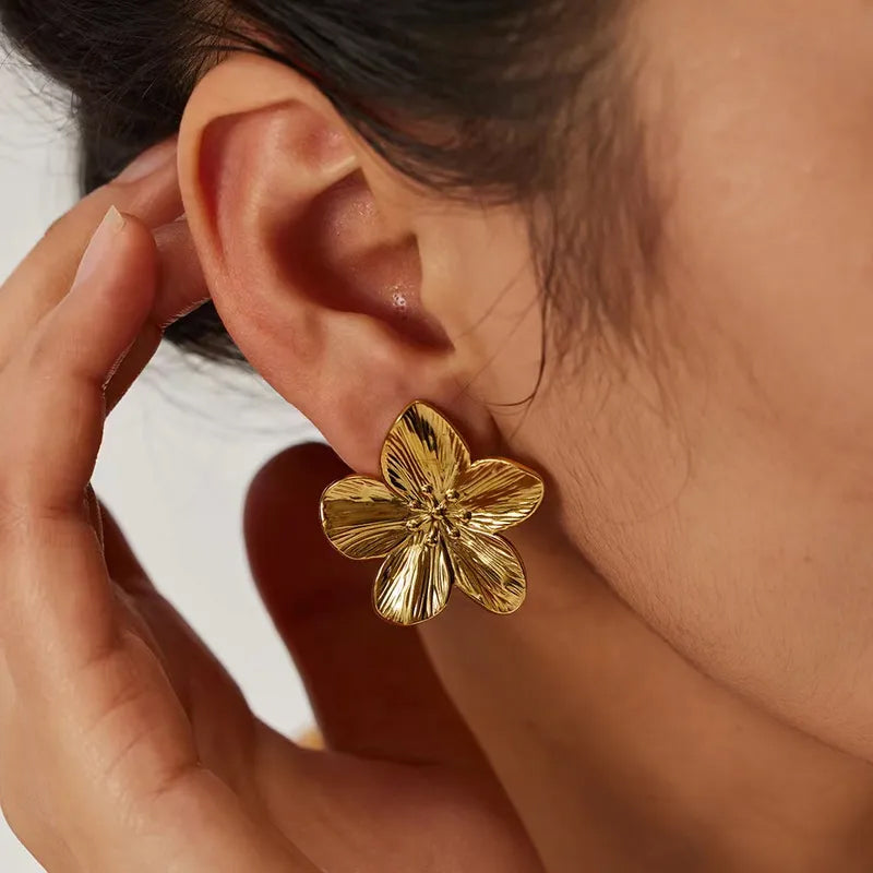 Large Flower Stud Earrings Gold