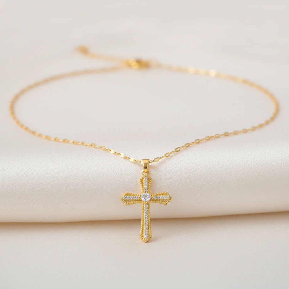 Vintage Rhinestone Pearl Cross Pendant Necklace 18K Gold