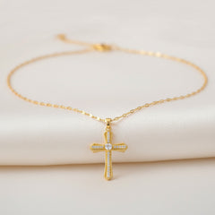 Vintage Rhinestone Pearl Cross Pendant Necklace 18K Gold