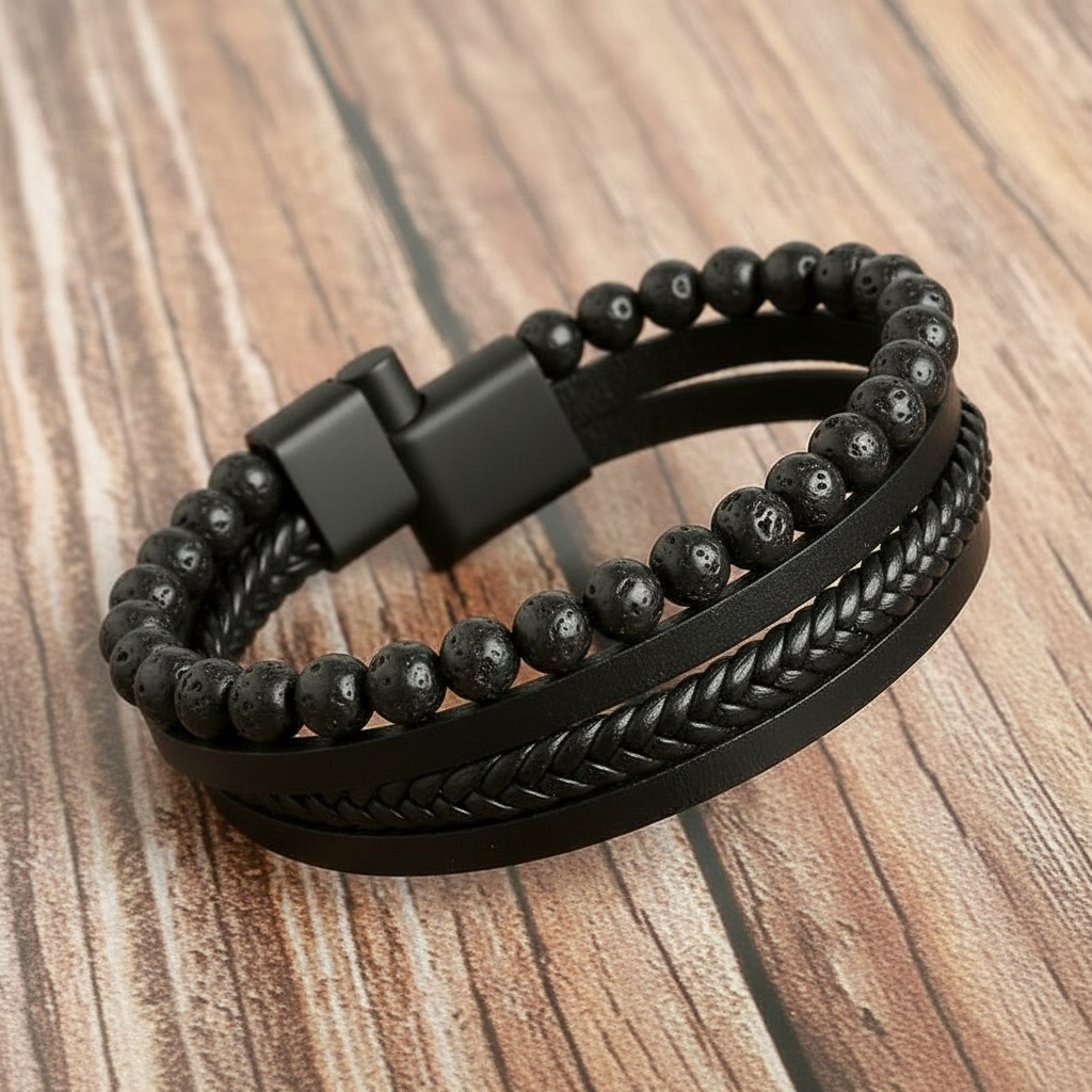 Men’s Quad Layer Patchwork Bracelet Black