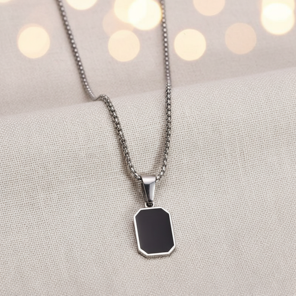 Silver Outlined Black Square Pendant Necklace Stainless Steel