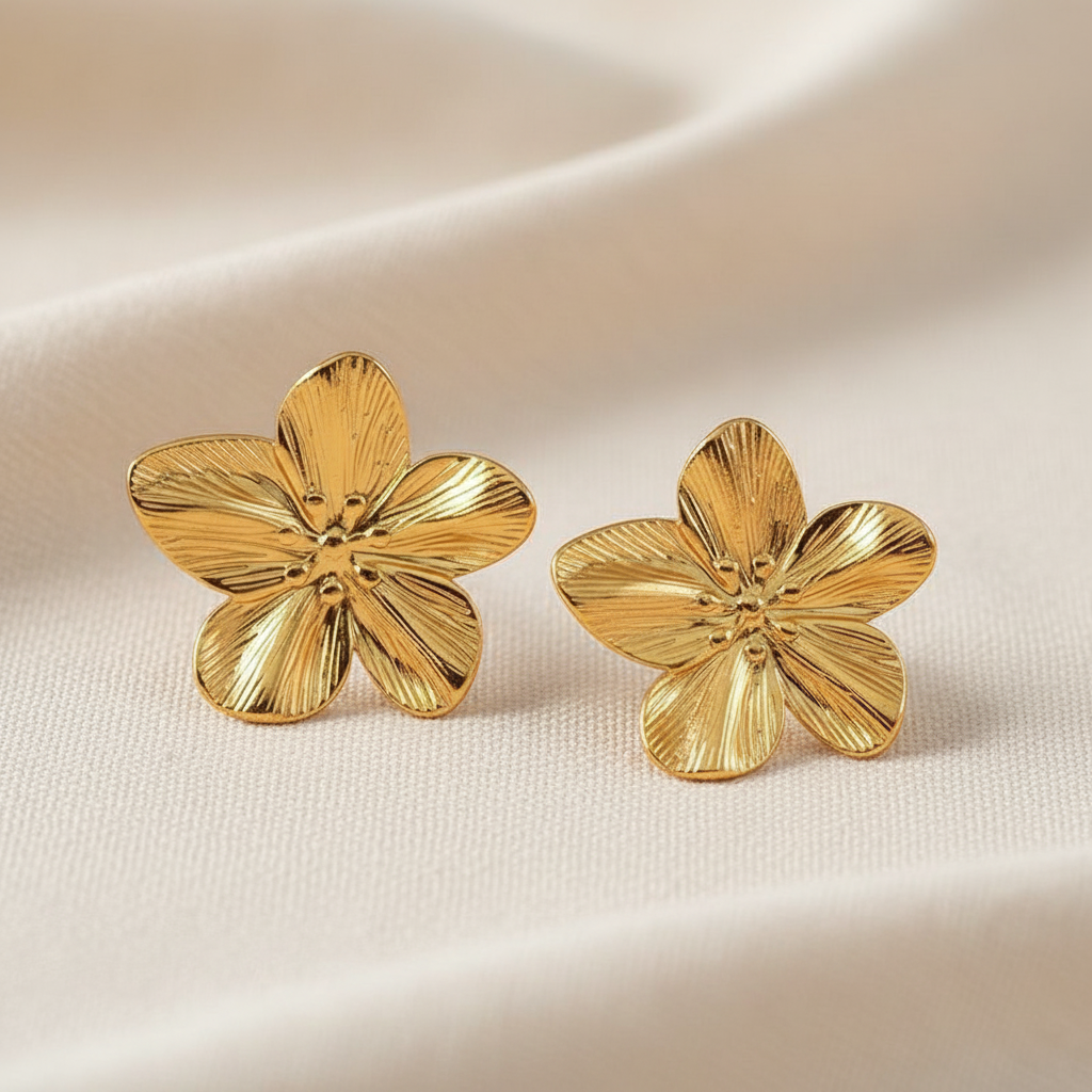 Large Flower Stud Earrings Gold