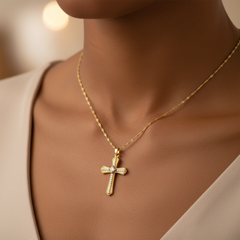 Vintage Rhinestone Pearl Cross Pendant Necklace 18K Gold